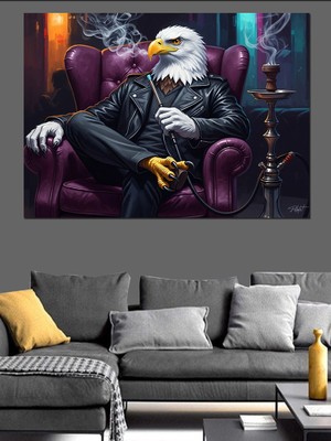 Karizma Tablo Nargile Içen Karizmatik Kartal Portresi Dekoratif Kanvas - Mdf Ahşap Tablo