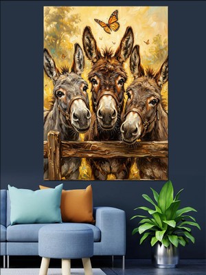Karizma Tablo Birleşmiş Üç Eşek Başı Illüstrasyonu Dekoratif Kanvas - Mdf Ahşap Tablo