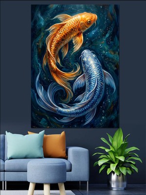 Karizma Tablo Gökyüzünde Süzülen Iki Koi Balığı Dekoratif Kanvas - Mdf Ahşap Tablo