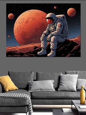 Karizma Tablo Uzayda Oturan Düşünceli Astronot Figürü Dekoratif Kanvas - Mdf Ahşap Tablo