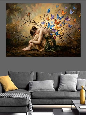 Karizma Tablo Çiçek ve Kelebeklerle Dağılan Kadın Dekoratif Kanvas - Mdf Ahşap Tablo