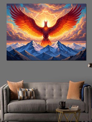 Karizma Tablo Dağlar Üzerinde Yükselen Zümrüdü Anka Dekoratif Kanvas - Mdf Ahşap Tablo