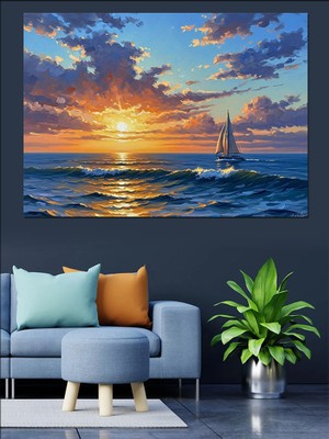 Karizma Tablo Gün Batımında Sakin Deniz ve Yelkenli Dekoratif Kanvas - Mdf Ahşap Tablo