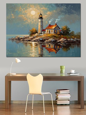 Karizma Tablo Deniz Ortasındaki Ev ve Fener Dekoratif Kanvas - Mdf Ahşap Tablo