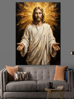 Karizma Tablo Işık Saçan Hz Isa Portresi Dekoratif Kanvas - Mdf Ahşap Tablo
