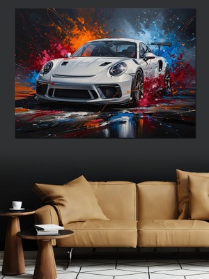 Karizma Tablo Renk Patlamalı Beyaz Spor Araba Dekoratif Kanvas - Mdf Ahşap Tablo