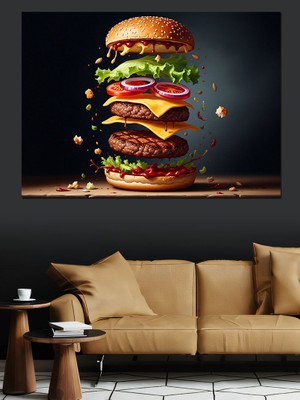 Karizma Tablo Katmanlı Dev Hamburger ve Soslar Dekoratif Kanvas - Mdf Ahşap Tablo