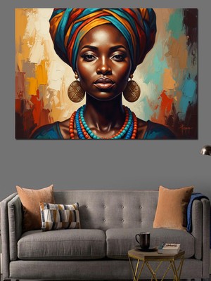 Karizma Tablo Takılı ve Renkli Başörtülü Afrikalı Kadın Dekoratif Kanvas - Mdf Ahşap Tablo