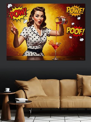 Karizma Tablo Kokteyl Hazırlayan Şık Pin-Up Kadın Dekoratif Kanvas - Mdf Ahşap Tablo