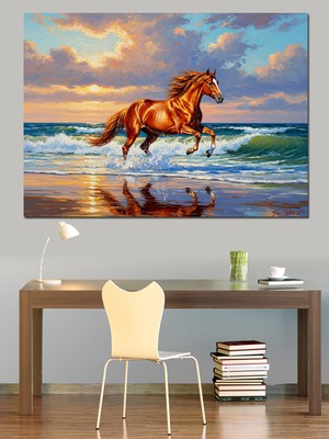 Karizma Tablo Deniz Kıyısında Koşan Kahverengi At Dekoratif Kanvas - Mdf Ahşap Tablo