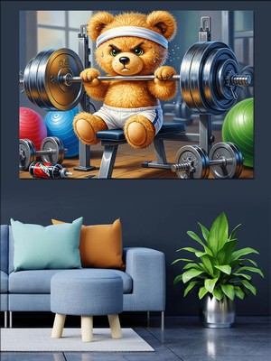 Karizma Tablo Ağırlık Kaldıran Sporcu Ayıcık Figürü Dekoratif Kanvas - Mdf Ahşap Tablo