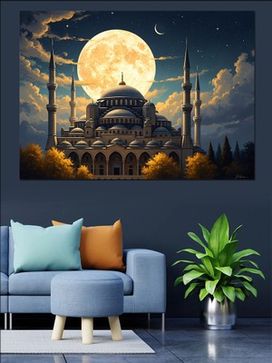 Karizma Tablo Dolunay Önünde Işıklı Büyük Cami Dekoratif Kanvas - Mdf Ahşap Tablo