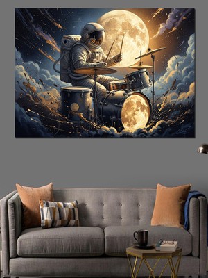 Karizma Tablo Dolunay Altında Bateri Çalan Astronot Dekoratif Kanvas - Mdf Ahşap Tablo