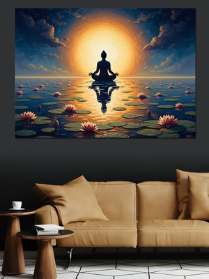 Karizma Tablo Nilüfer Çiçekleri Üzerinde Meditasyon Silüeti Dekoratif Kanvas - Mdf Ahşap Tablo