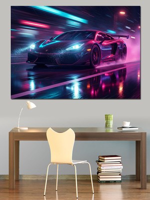 Karizma Tablo Gece Yarısı Neon Spor Araba Dekoratif Kanvas - Mdf Ahşap Tablo