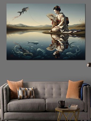 Karizma Tablo Su Kenarında Kimonolu  Balıkçı Japon Kadın Dekoratif Kanvas - Mdf Ahşap Tablo