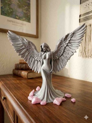 3D VAN TASARIM Gri Gümüş Renkte Büyük Kanatlı Melek Figürü