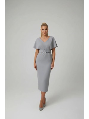 Infivento Kadın Scuba Kumaş Taş Detay Kemerli Abiye Elbise