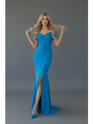 Infivento Kadın Krep Kumaş Kısa Kollu Kayık Yaka Yırtmaç Detay Maxi Boy Abiye Elbise