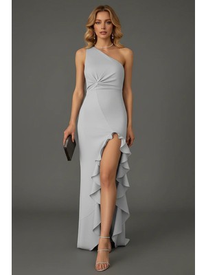 Infivento Kadın Tek Omuz Düğüm Detay Yırtmaçlı Uzun Scuba Kumaş Abiye Elbise