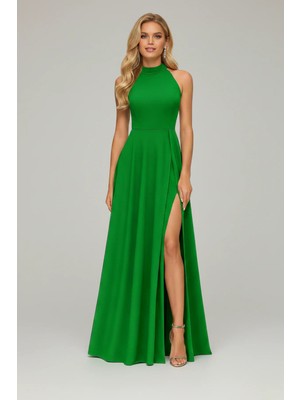 Infivento Kadın Omuz Açık Yırtmaçlı Krep Kumaş Maxi Boy Abiye Elbise