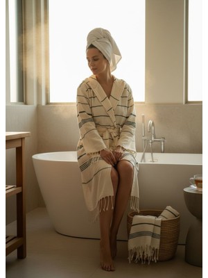 DNRYSL %100 Pamuk Yumuşak El Dokuması Bornoz, Püsküllü Kapüşonlu Plaj, Spa, Havuz ve Banyo Bornozu