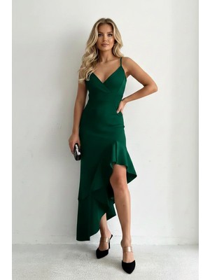 Infivento Kadın Ince Askılı Etek Ucu Asimetrik Volanlı Scuba Kumaş Abiye Elbise