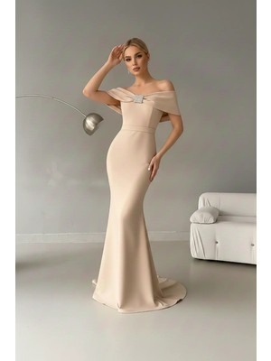 Infivento Madonna Yaka Taş Detay Maxi Boy Scuba Kumaş Balık Abiye Elbise