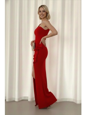 Infivento Kadın Tek Omuz Ithal Krep Kumaş Volanlı Abiye Elbise