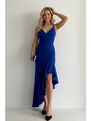 Infivento Kadın Ince Askılı Etek Ucu Asimetrik Volanlı Scuba Kumaş Abiye Elbise