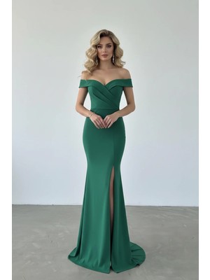 Infivento Kadın Krep Kumaş Kısa Kollu Kayık Yaka Yırtmaç Detay Maxi Boy Abiye Elbise