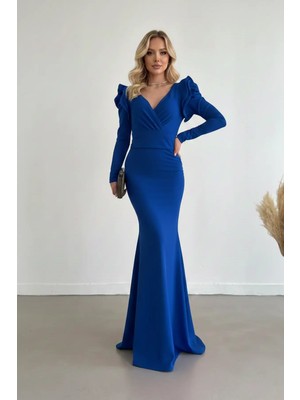 Infivento Kadın Omuzları Volan Detay Uzun Kol Kuşaklı Maxi Boy Ithal Krep Kumaş Abiye Elbise