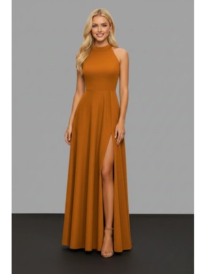 Infivento Kadın Omuz Açık Yırtmaçlı Krep Kumaş Maxi Boy Abiye Elbise