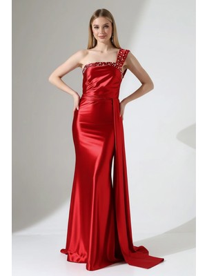 Infivento Saten Kumaş Taş Detaylı Kuyruklu Maxi Boy Abiye Elbise