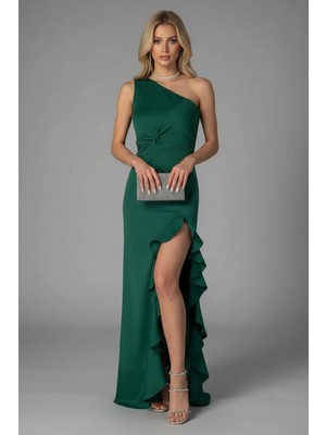 Infivento Kadın Tek Omuz Düğüm Detay Yırtmaçlı Uzun Scuba Kumaş Abiye Elbise