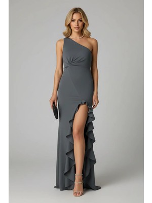 Infivento Kadın Tek Omuz Düğüm Detay Yırtmaçlı Uzun Scuba Kumaş Abiye Elbise