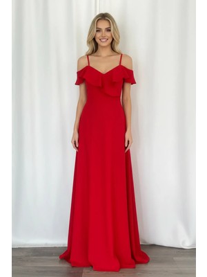 Infivento Kadın Yaka Volanlı Krep Kumaş Uzun Abiye Elbise