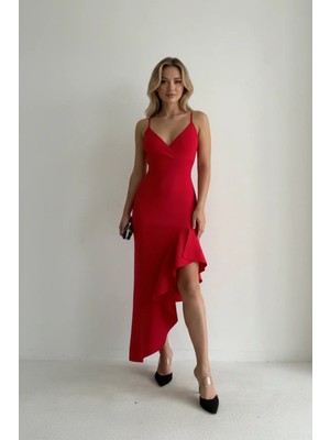 Infivento Kadın Ince Askılı Etek Ucu Asimetrik Volanlı Scuba Kumaş Abiye Elbise