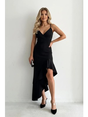 Infivento Kadın Ince Askılı Etek Ucu Asimetrik Volanlı Scuba Kumaş Abiye Elbise