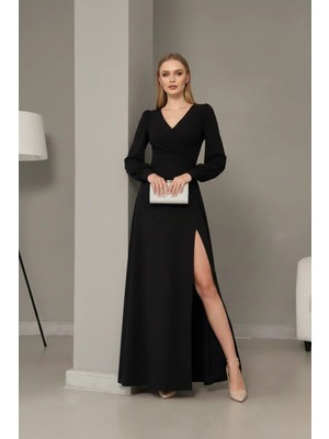 Infivento Kadın Krep Kumaş Önü Düğüm Detay Maxi Boy Uzun Kollu Çift Yırtmaçlı Abiye Elbise