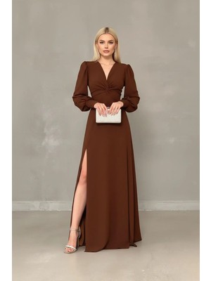 Infivento Kadın Krep Kumaş Önü Düğüm Detay Maxi Boy Uzun Kollu Çift Yırtmaçlı Abiye Elbise