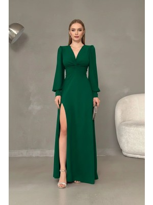 Infivento Kadın Krep Kumaş Önü Düğüm Detay Maxi Boy Uzun Kollu Çift Yırtmaçlı Abiye Elbise
