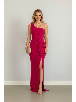 Infivento Kadın Tek Omuz Ithal Krep Kumaş Volanlı Abiye Elbise