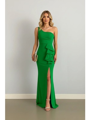 Infivento Kadın Tek Omuz Ithal Krep Kumaş Volanlı Abiye Elbise