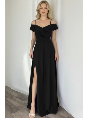 Infivento Kadın Yaka Volanlı Krep Kumaş Uzun Abiye Elbise