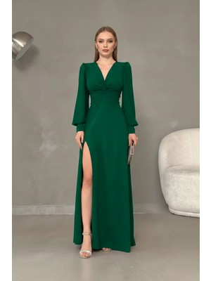 Infivento Kadın Krep Kumaş Önü Düğüm Detay Maxi Boy Uzun Kollu Çift Yırtmaçlı Abiye Elbise