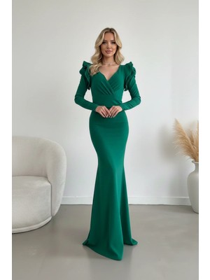 Infivento Kadın Omuzları Volan Detay Uzun Kol Kuşaklı Maxi Boy Ithal Krep Kumaş Abiye Elbise