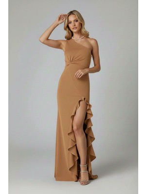 Infivento Kadın Tek Omuz Düğüm Detay Yırtmaçlı Uzun Scuba Kumaş Abiye Elbise