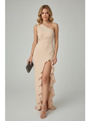 Infivento Kadın Tek Omuz Düğüm Detay Yırtmaçlı Uzun Scuba Kumaş Abiye Elbise