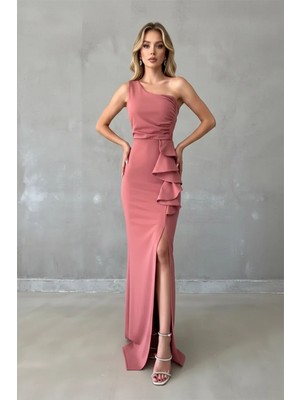 Infivento Kadın Tek Omuz Ithal Krep Kumaş Volanlı Abiye Elbise